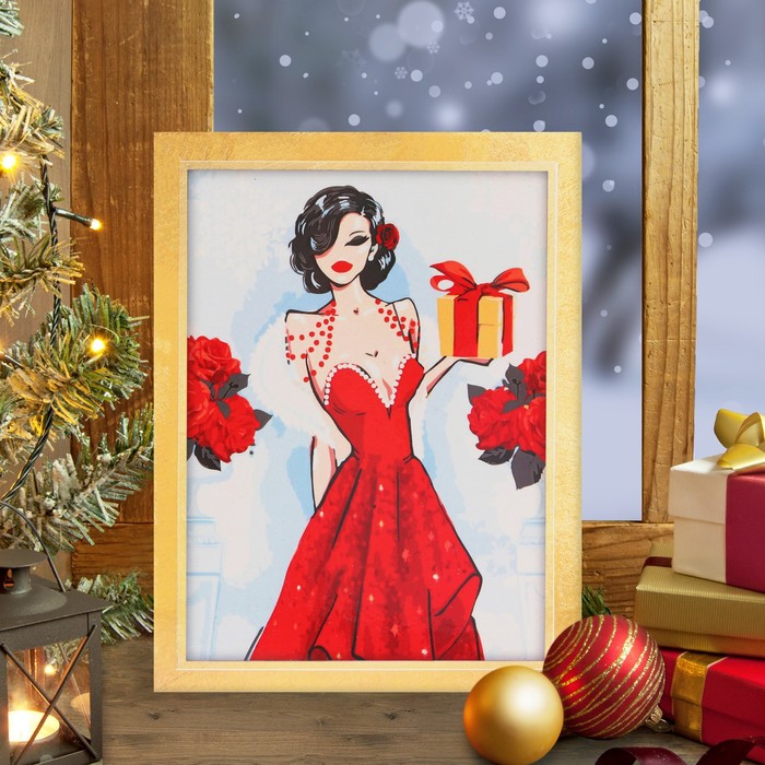 Роспись по номерам без подрамника "Женщина в красном" с красками 14шт по3мл+ кисти 30*40 см