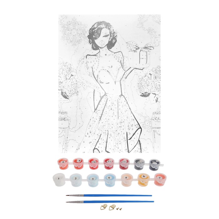 Роспись по номерам без подрамника "Женщина в красном" с красками 14шт по3мл+ кисти 30*40 см