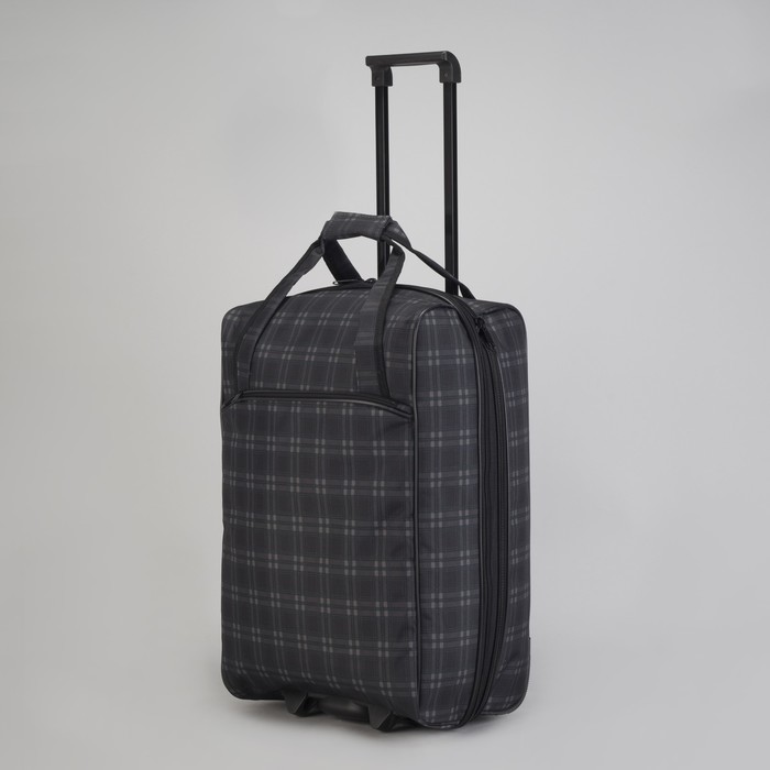 Чемодан малый "Клетка", 20", с расширением, отдел на молнии, наружный карман, цвет чёрный/зелёный
