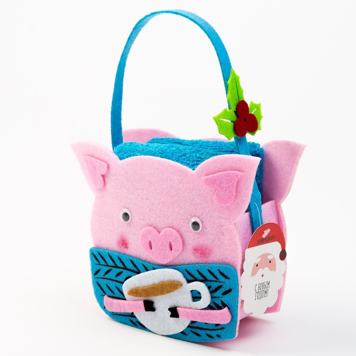 Наб.полотенец в корзинке "Хрюшка" 30х30 см-2 шт, 100% хл, 300гр/м2