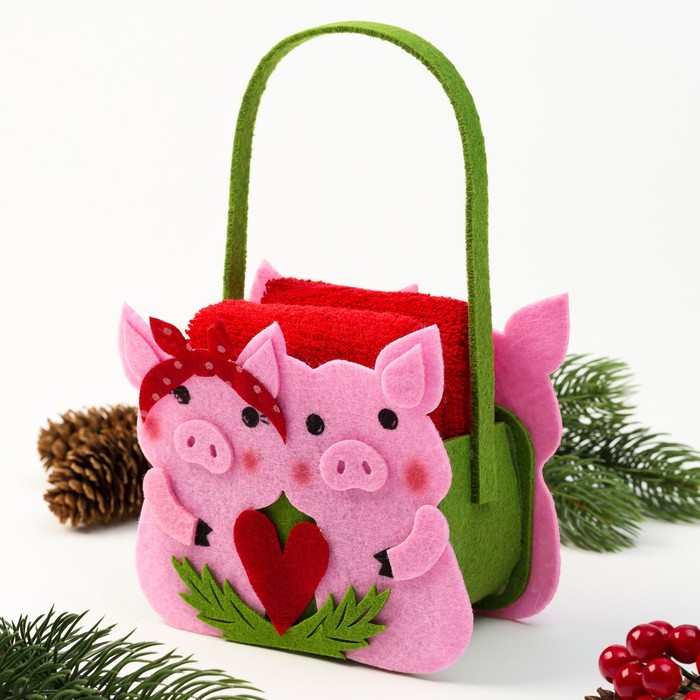 Наб.полотенец в корзинке "Счастья в Новом году" 30х30 см-2 шт, 100% хл, 300гр/м2