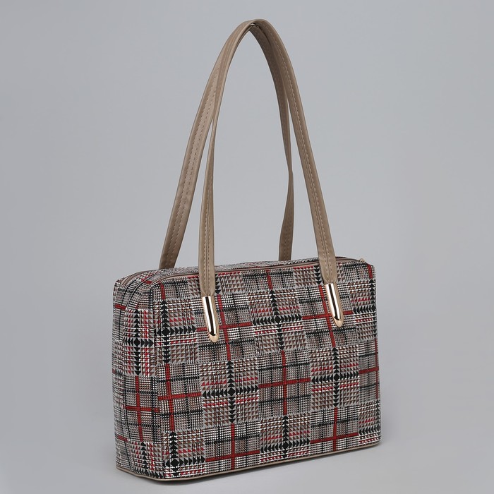 Сумка женская, 2 отдела на молнии, наружный карман, клетка коричневый/красный