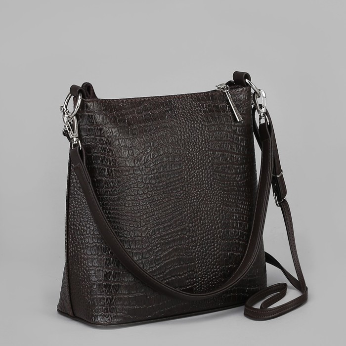 Сумка женская, отдел на молнии, наружный карман, длинный ремень, кайман коричневый