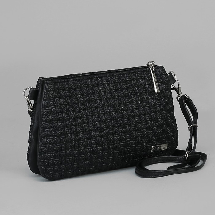 Сумка женская, отдел на молнии, наружный карман, длинный ремень, плетёнка мелкая, цвет чёрный