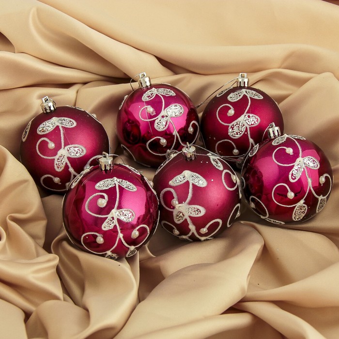 Набор шаров пластик d-8 см 6 шт "Жемчужная веточка" бордо