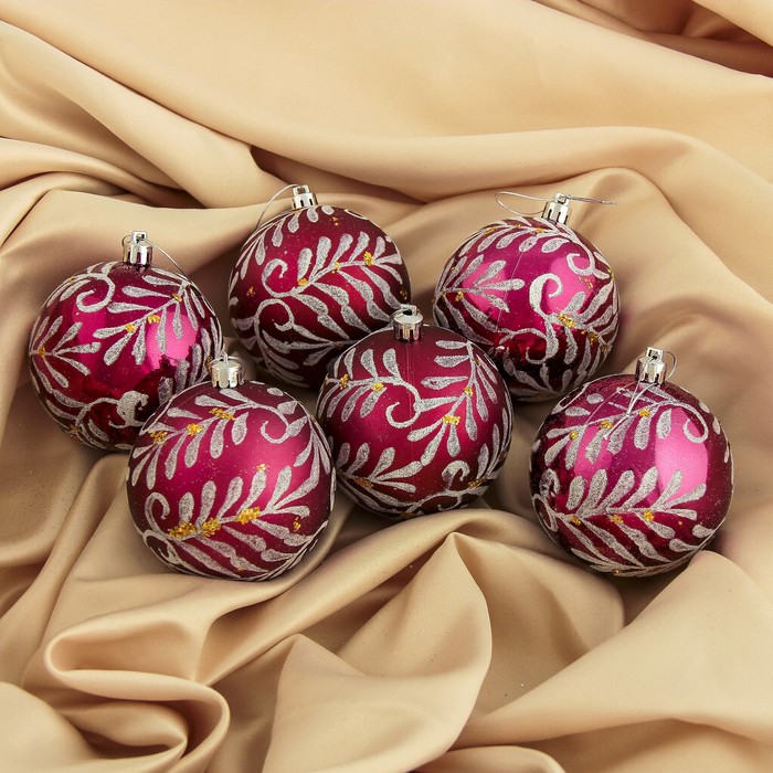 Набор шаров пластик d-8 см 6 шт "Снежная ветвь" бордо