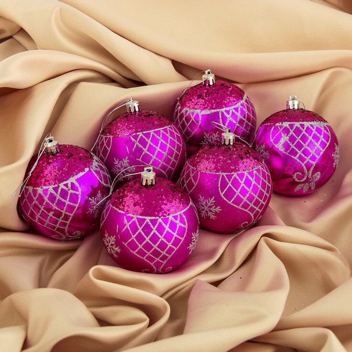 Набор шаров пластик d-8 см 6 шт "Узорный" малиновый