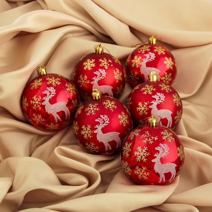 Набор шаров пластик d-8 см 6 шт "Северный олень" красный