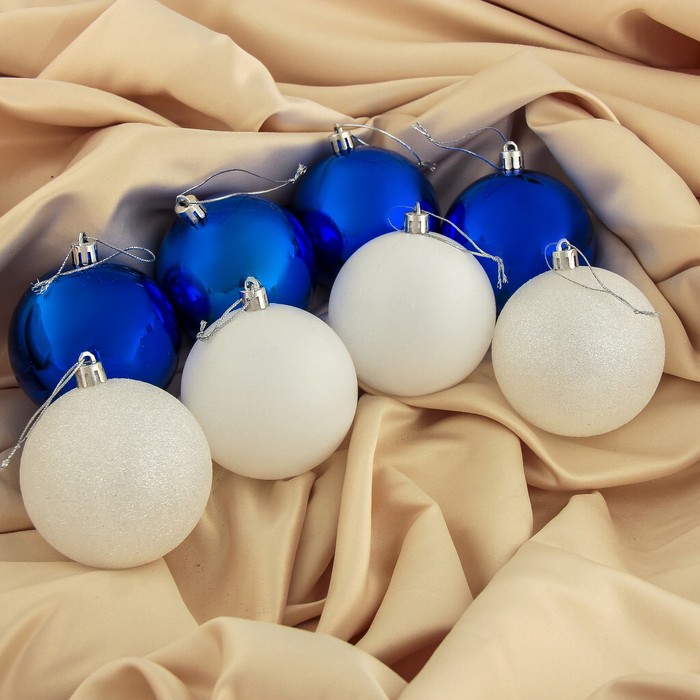 Набор шаров пластик d-8 см 8 шт "Гладь" бело синий