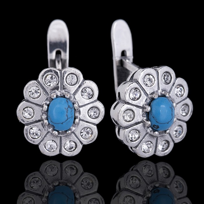 Серьги "Камелия", цвет бело-голубой в чернёном серебре