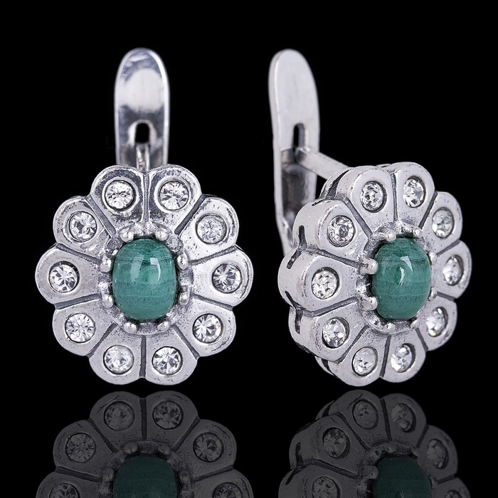 Серьги "Камелия", цвет бело-зелёный в чернёном серебре