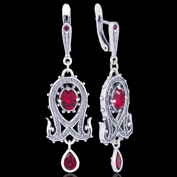 Серьги "Азиза", цвет красный в чернёном серебре