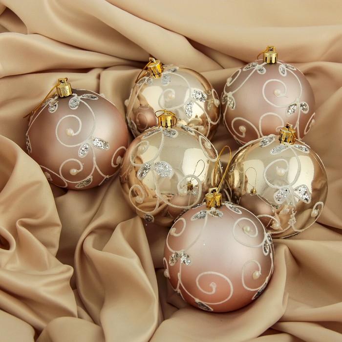 Набор шаров пластик d-8 см 6 шт "Жемчужная веточка" золото