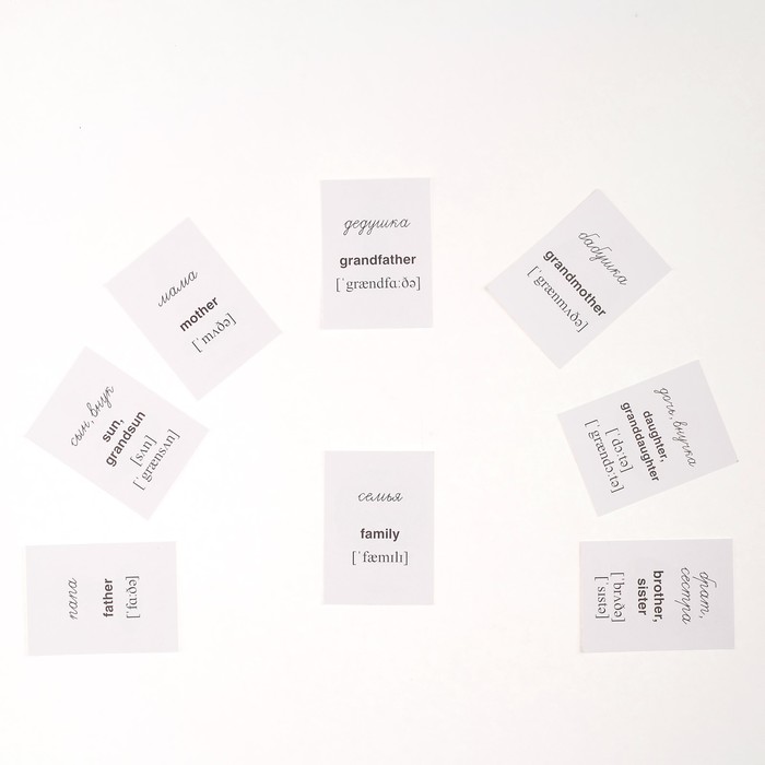 Демонстрационные картинки "Супер Семья", 8 раздаточных карточек с текстом, 63х87 мм