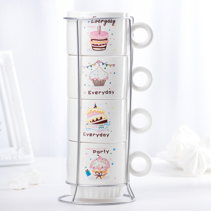 Набор кружек 240 мл "Пати", 4 шт, на металлической подставке