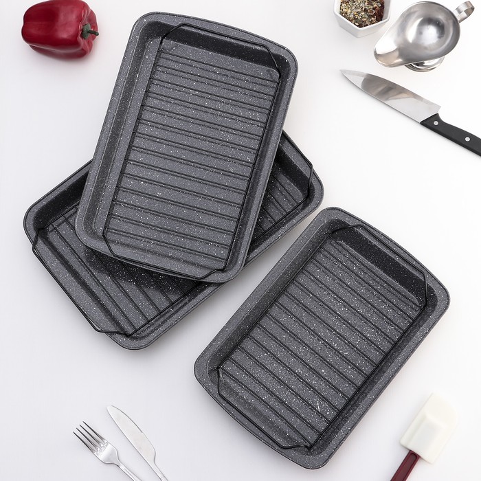 Набор форм для выпечки "Прямоугольник. Мрамор", 3 предмета, с ручками и решеткой