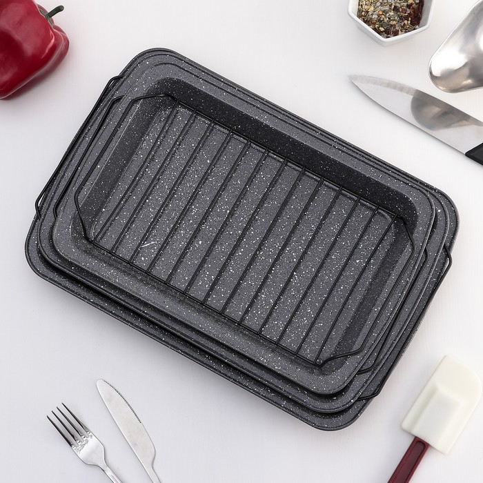 Набор форм для выпечки "Прямоугольник. Мрамор", 3 предмета, с ручками и решеткой