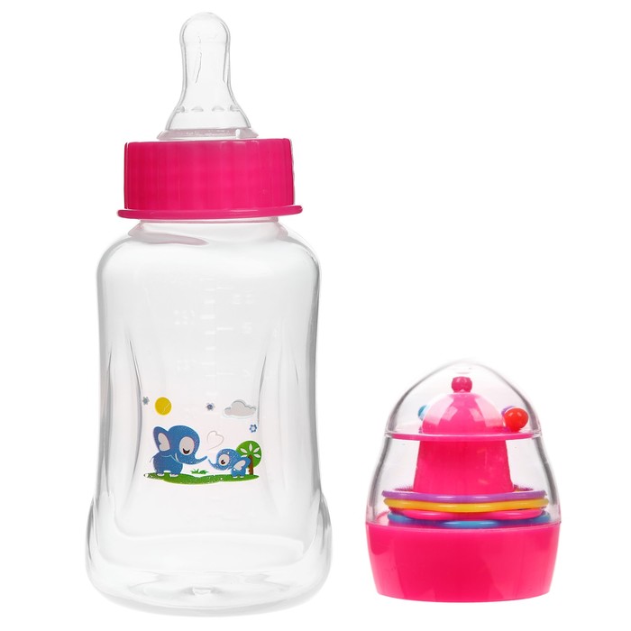 Бутылочка для кормления с погремушкой, 180 мл, цвет розовый, рисунок МИКС