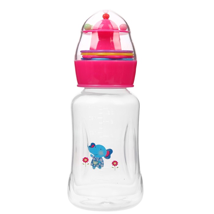 Бутылочка для кормления с погремушкой, 180 мл, цвет розовый, рисунок МИКС