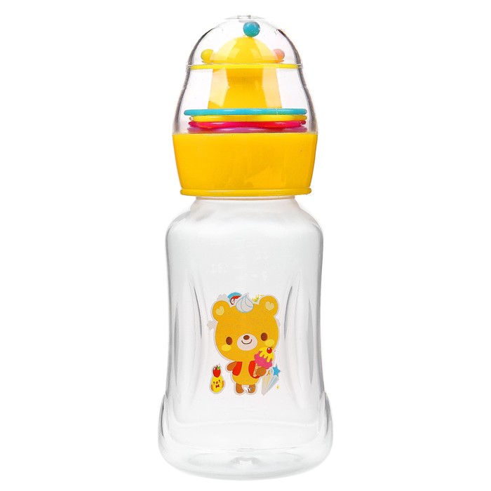 Бутылочка для кормления с погремушкой, 180 мл, цвет жёлтый, рисунок МИКС