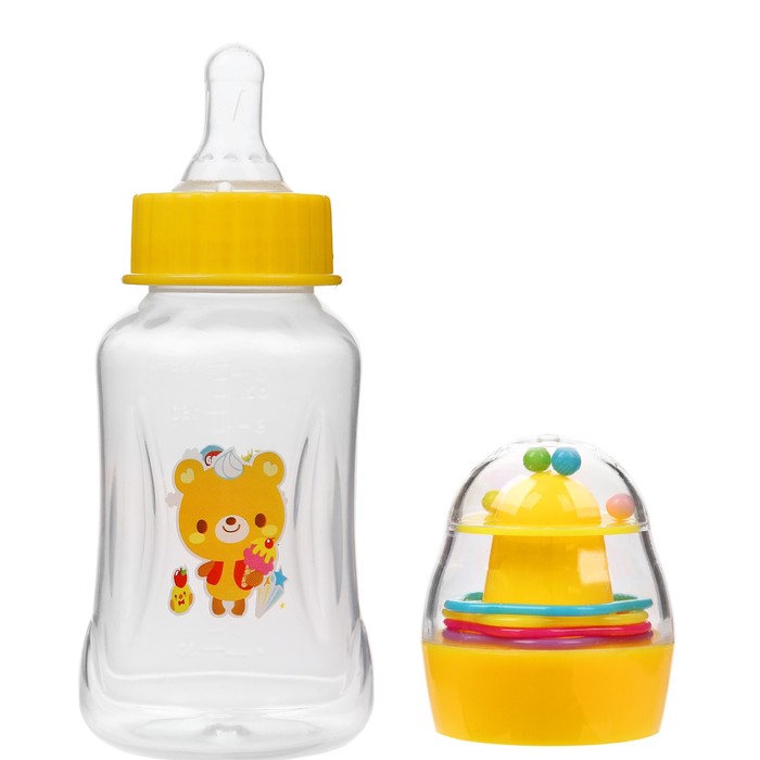 Бутылочка для кормления с погремушкой, 180 мл, цвет жёлтый, рисунок МИКС