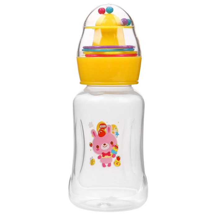 Бутылочка для кормления с погремушкой, 180 мл, цвет жёлтый, рисунок МИКС