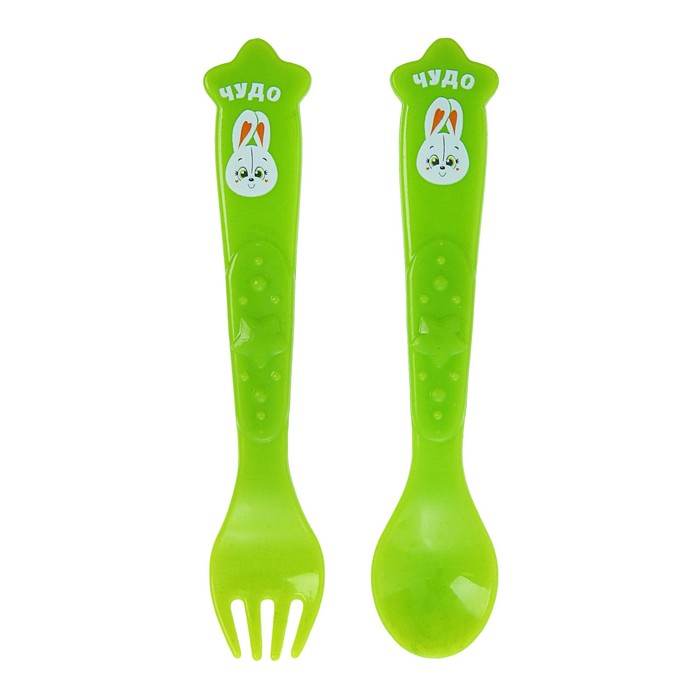 Набор столовых приборов «Зайка Тим», 2 предмета: ложка и вилка, от 5 мес., цвет зелёный