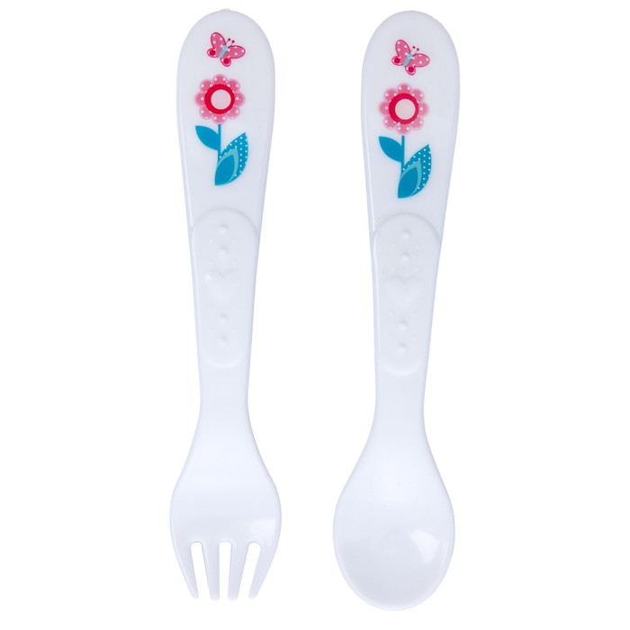 Набор столовых приборов «Цветочки», 2 предмета: ложка и вилка, от 5 мес., цвет белый