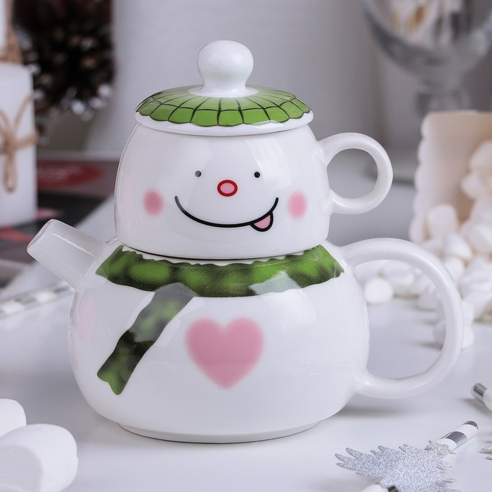 Набор чайный 2 предмета "Снеговичок": чайник 400 мл, чашка 200 мл, цвет зеленый