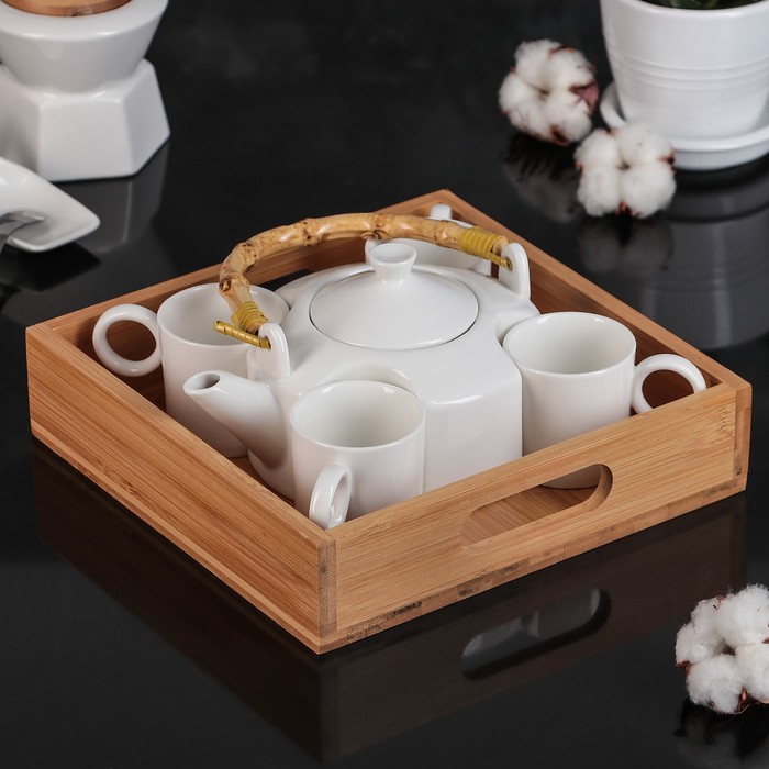 Набор чайный "Эстет", 5 предметов: 4 кружки 80 мл, чайник 220 мл, на деревянной подставке