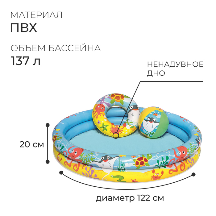 фото Бассейн надувной, 3 предмета: бассейн, мяч, круг, 122 х 20 см, от 2 лет, 51124 bestway