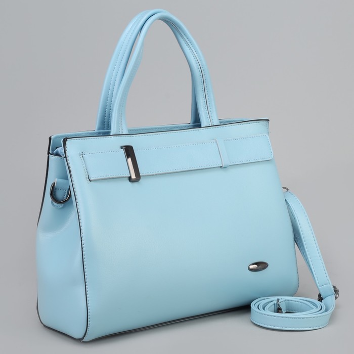 Сумка женская, 2 отдела на молниях, наружный карман, длинный ремень, цвет голубой