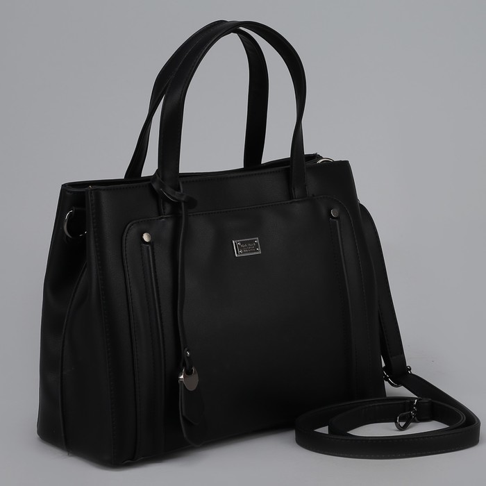 Сумка женская, 2 отдела на молниях, наружный карман, длинный ремень, цвет чёрный