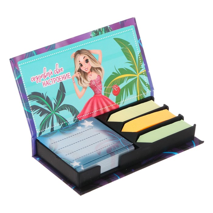 Бумажный блок в пластиковом футляре "Самая яркая": 100 листов и 3 набора стикеров