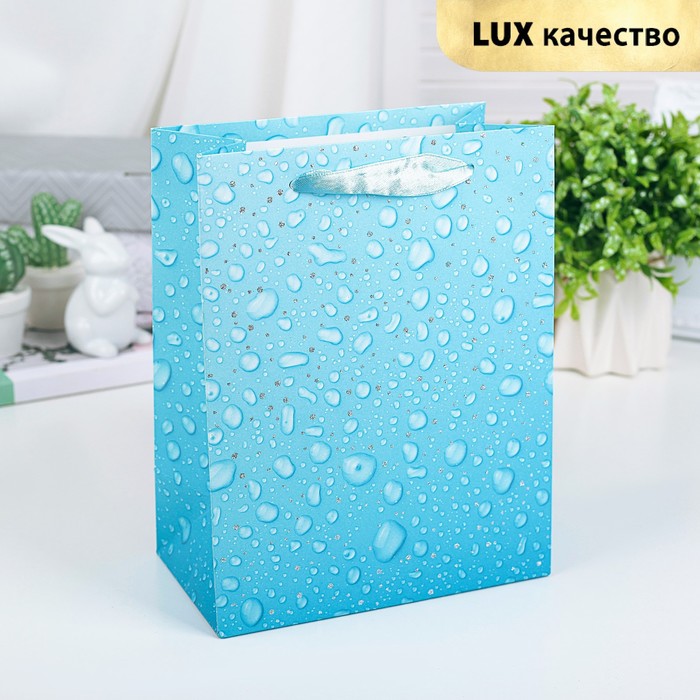 Пакет подарочный "Капли", голубой, люкс, 18 х 8 х 23 см