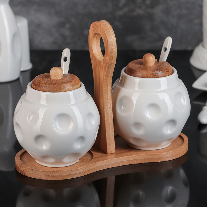 Набор банок для сыпучих продуктов 250 мл "Эстет. Овал", 2 ложки, на деревянной подставке