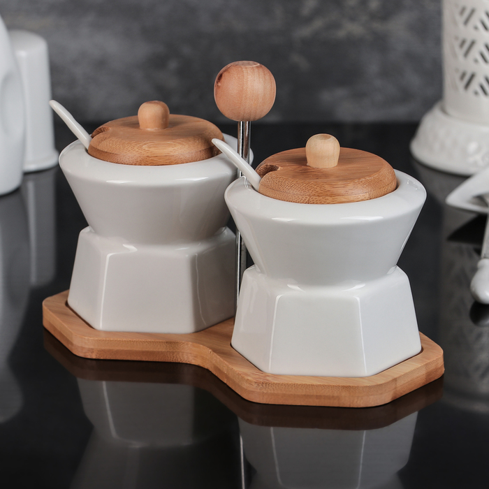 Набор банок для сыпучих продуктов 250 мл "Эстет", 2 шт, с ложками, на деревянной подставке