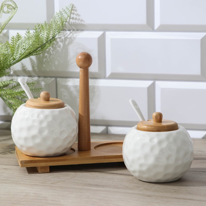 Набор банок для сыпучих продуктов 250 мл "Эстет", 2 шт, на с ложками, деревянной подставке