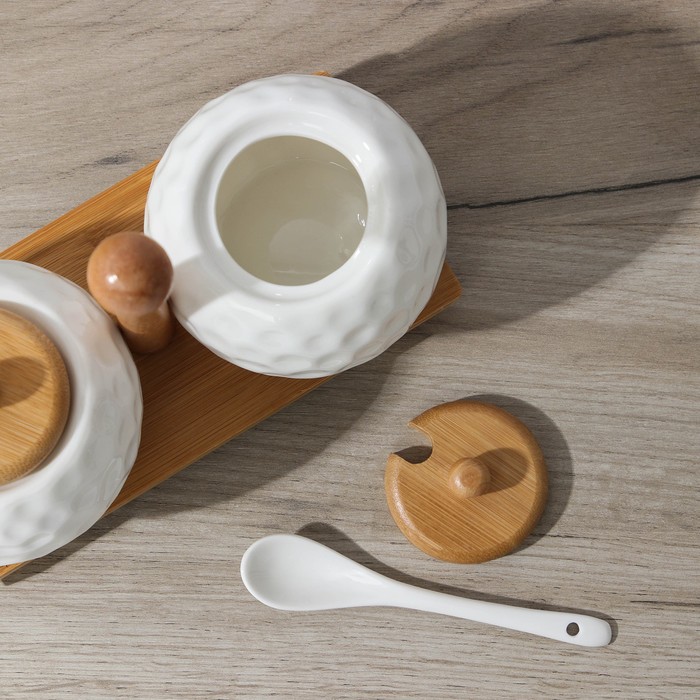 Набор банок для сыпучих продуктов 250 мл "Эстет", 2 шт, на с ложками, деревянной подставке