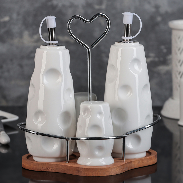 Набор для специй и масел на дерев подставке 4шт "Эстет" 2 соусника,солонка,перечница 16х17см   36018