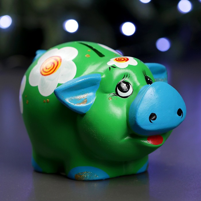 Копилка "Свинка Дуся" зелёная Цветы 19 см