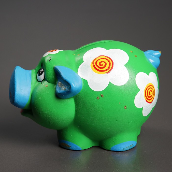 Копилка "Свинка Дуся" зелёная Цветы 19 см