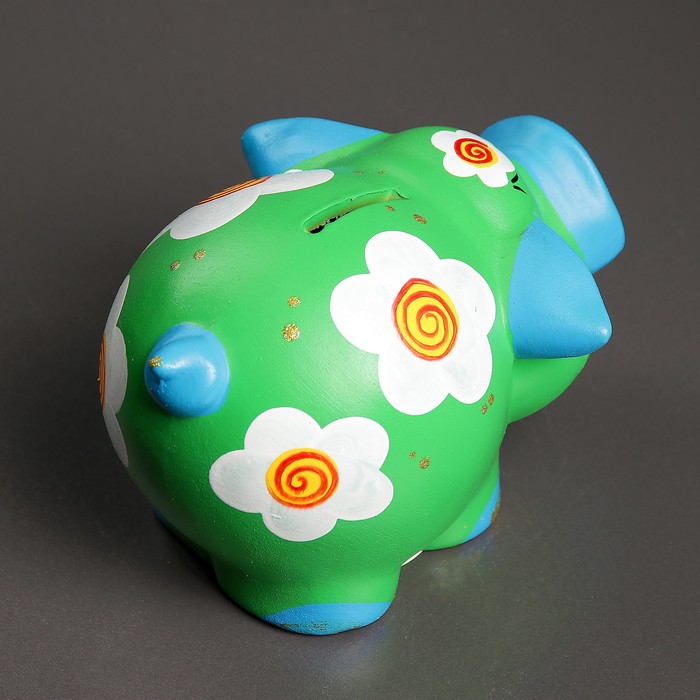 Копилка "Свинка Дуся" зелёная Цветы 19 см