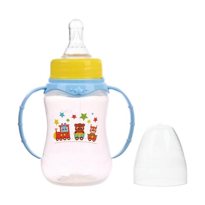 Бутылочка для кормления «Паровозик» детская приталенная, с ручками, 150 мл, от 0 мес., цвет голубой