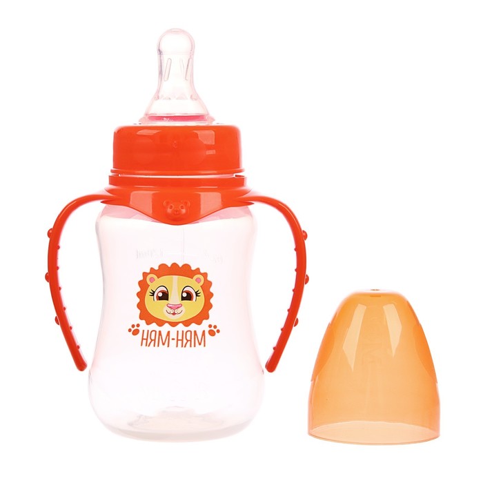 Бутылочка для кормления «Львёнок Лео» детская приталенная, с ручками, 150 мл, от 0 мес., цвет оранжевый