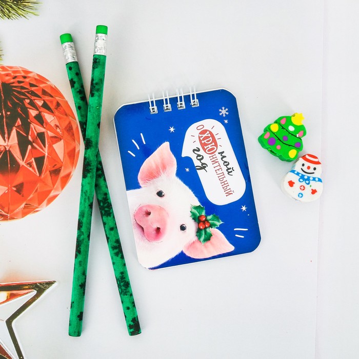 Набор подарочный "Мой охрюнительный год" 2 карандаша ч/г+2 ластика+блокнот