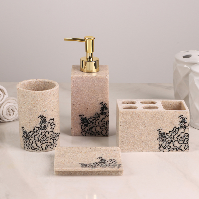 Набор для ванной "Каллиграфия", 4 предмета (мыльница, дозатор для мыла, 2 стакана)