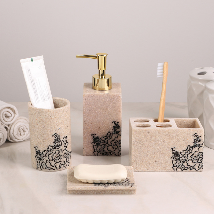 Набор для ванной "Каллиграфия", 4 предмета (мыльница, дозатор для мыла, 2 стакана)