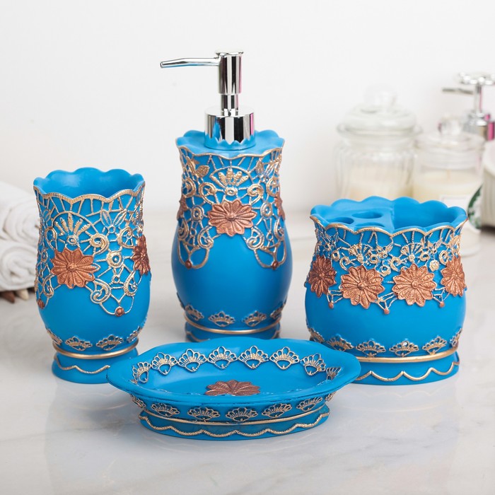 Набор для ванной "Астра", 4 предмета (мыльница, дозатор для мыла, 2 стакана), цвет голубой