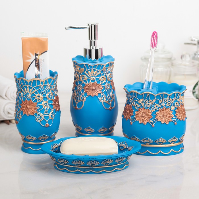 Набор для ванной "Астра", 4 предмета (мыльница, дозатор для мыла, 2 стакана), цвет голубой